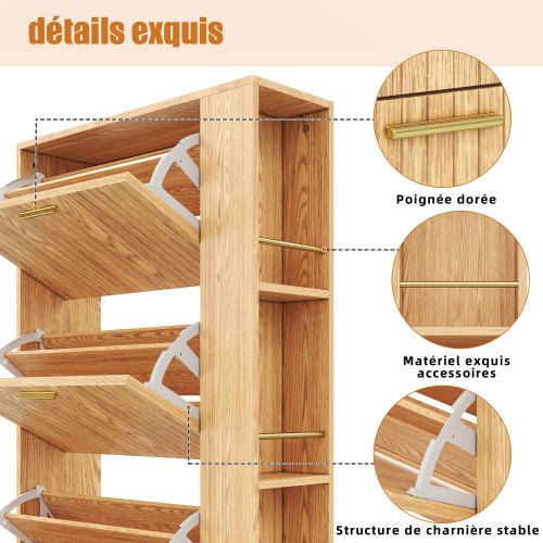 Meuble à Chaussures-ultra-étroit 23,5cm-pour Une Entrée/un Hall-jusqu'à 12 Paires-en Bois-naturel
