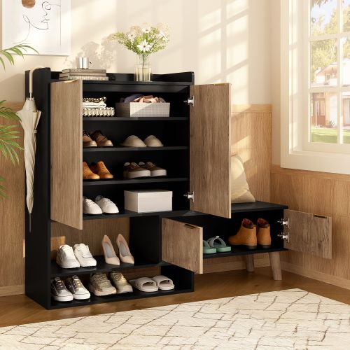 Meuble à Chaussures-avec Siège Pivotant Extensible-système D'étagères Ouvertes Et Fermées-noir