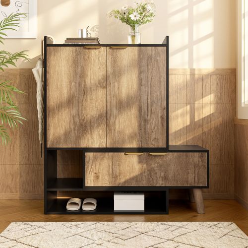 Meuble à Chaussures-avec Siège Pivotant Extensible-système D'étagères Ouvertes Et Fermées-noir