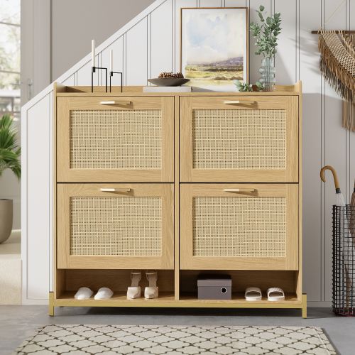 Meuble à Chaussures Avec 4 Volets-extra-fin 24 Cm- En Bois-jusqu'à 20 Paires-naturel