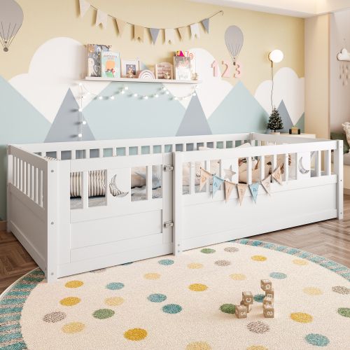 Lit Au Sol 90x190 Cm-lit Enfant-avec Barrière Et Sommier-pour 2 Enfants-en Pin-blanc