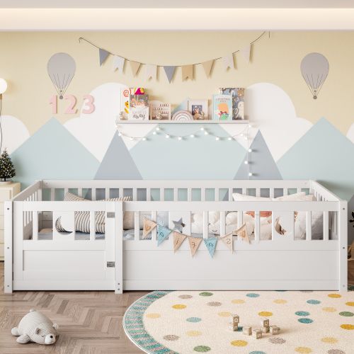 Lit Au Sol 90x190 Cm-lit Enfant-avec Barrière Et Sommier-pour 2 Enfants-en Pin-blanc