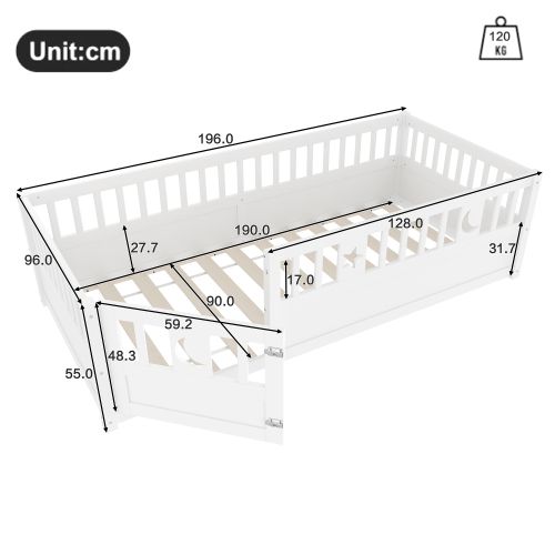 Lit Au Sol 90x190 Cm-lit Enfant-avec Barrière Et Sommier-pour 2 Enfants-en Pin-blanc