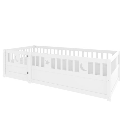 Lit Au Sol 90x190 Cm-lit Enfant-avec Barrière Et Sommier-pour 2 Enfants-en Pin-blanc
