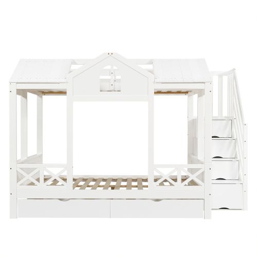 Lit Superposé 90x200cm Et 140x200cm -lit Enfant-deux Tiroirs à Roulettes-en Bois Massif-blanc