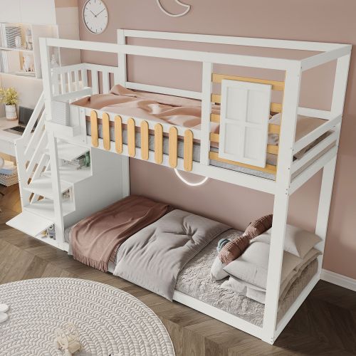 Lit Superposé 90 X 200 Cm-avec Escalier-lit Enfant En Pin Massif-barrière De Sécurité-blanc