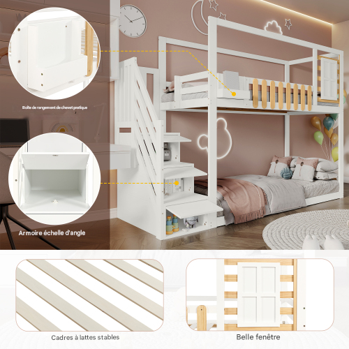 Lit Superposé 90 X 200 Cm-avec Escalier-lit Enfant En Pin Massif-barrière De Sécurité-blanc