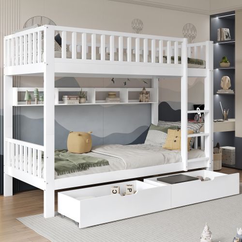 Lit Superposé 90x200 Cm-lit Enfant Avec Échelle- Barrière De Sécurité--en Bois Massif-blanc