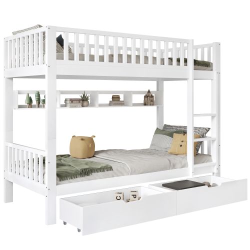 Lit Superposé 90x200 Cm-lit Enfant Avec Échelle- Barrière De Sécurité--en Bois Massif-blanc