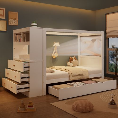 Lit Simple 90x200 Cm-lit Enfant Avec Barrière De Sécurité-avec 5 Tiroirs-en Bois Massif-blanc