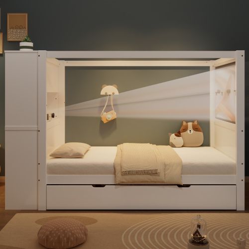 Lit Simple 90x200 Cm-lit Enfant Avec Barrière De Sécurité-avec 5 Tiroirs-en Bois Massif-blanc