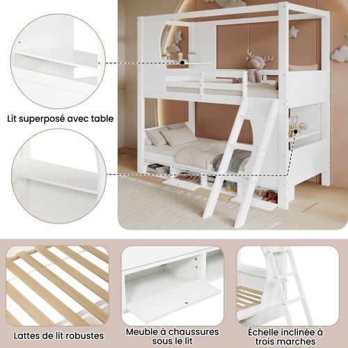 Lit Superposé-90x200 Cm-avec Barrière De Sécurité-meuble à Chaussures à 4 Compartiments-en Pin-blanc