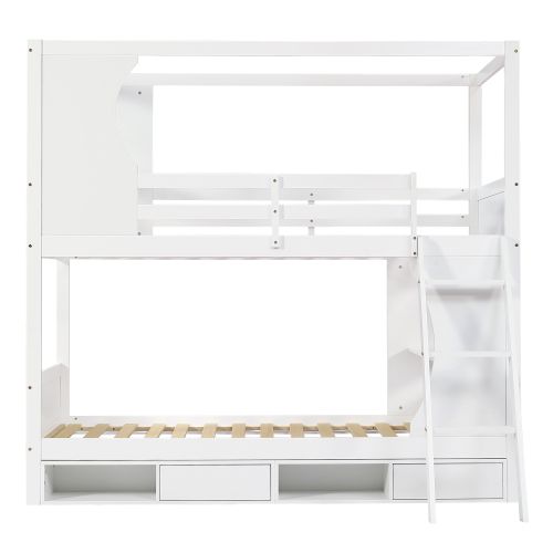 Lit Superposé-90x200 Cm-avec Barrière De Sécurité-meuble à Chaussures à 4 Compartiments-en Pin-blanc