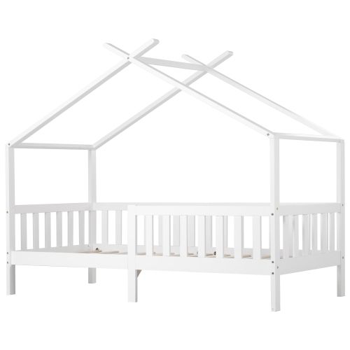 Lit Cabane 90x200cm-lit Enfant-avec Barrière Et Sommier à Lattes-en Bois Massif-montage Facile-blanc