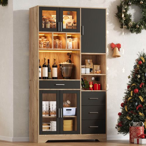 Buffet De Cuisine 185x100x40 Cm-haute Vitrine-led-prises Intégré-naturel