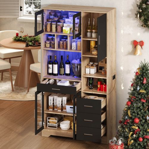 Buffet De Cuisine 185x100x40 Cm-haute Vitrine-led-prises Intégré-naturel