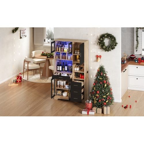 Buffet De Cuisine 185x100x40 Cm-haute Vitrine-led-prises Intégré-naturel