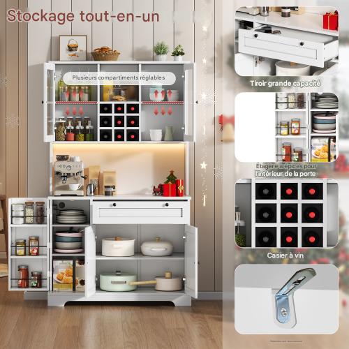 Buffet De Cuisine-armoire Haute-vitrine Avec Étagères Réglables-led Et Prise Électrique-blanc