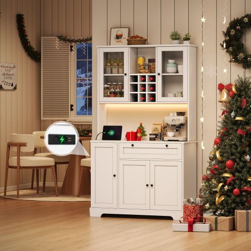 Buffet De Cuisine-armoire Haute-vitrine Avec Étagères Réglables-led Et Prise Électrique-blanc