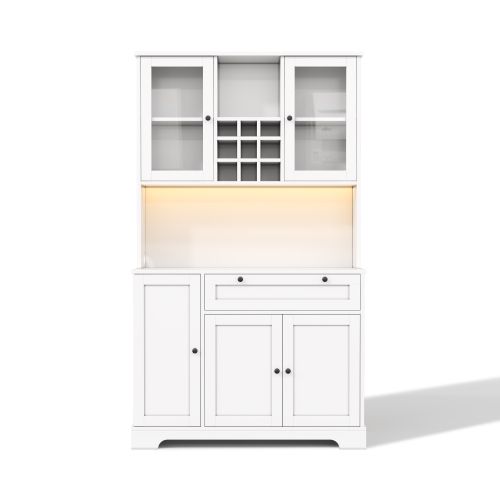 Buffet De Cuisine-armoire Haute-vitrine Avec Étagères Réglables-led Et Prise Électrique-blanc