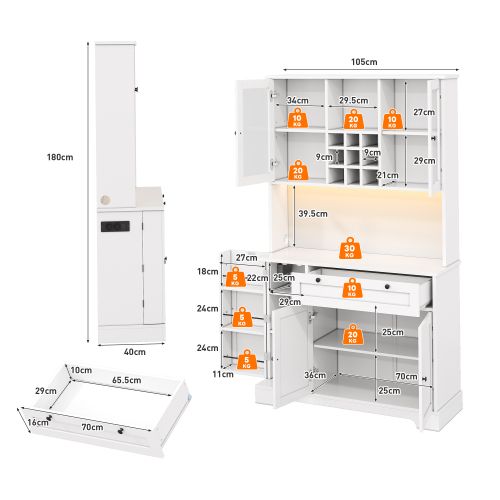 Buffet De Cuisine-armoire Haute-vitrine Avec Étagères Réglables-led Et Prise Électrique-blanc
