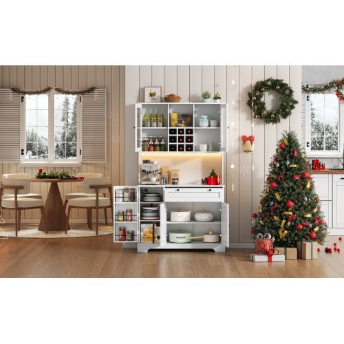 Buffet De Cuisine-armoire Haute-vitrine Avec Étagères Réglables-led Et Prise Électrique-blanc