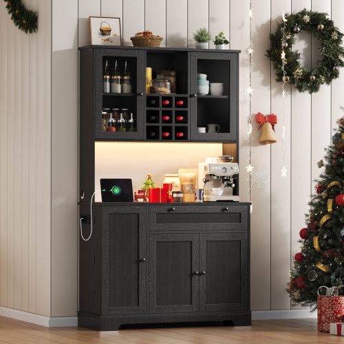 Buffet De Cuisine-armoire Haute-vitrine Avec Étagères Réglables-led Et Prise Électrique-noir
