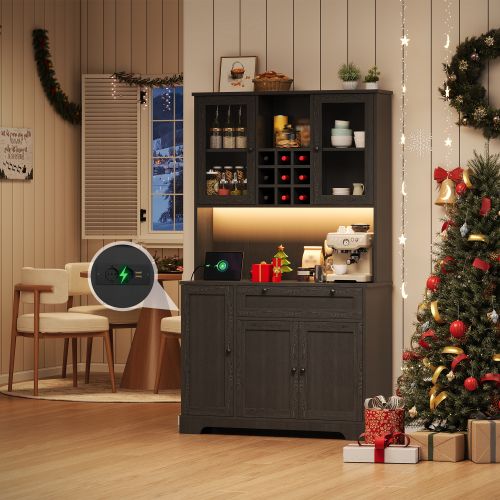 Buffet De Cuisine-armoire Haute-vitrine Avec Étagères Réglables-led Et Prise Électrique-noir