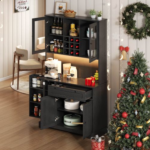 Buffet De Cuisine-armoire Haute-vitrine Avec Étagères Réglables-led Et Prise Électrique-noir