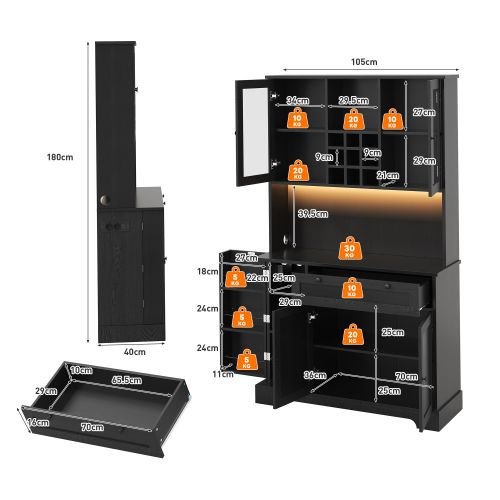 Buffet De Cuisine-armoire Haute-vitrine Avec Étagères Réglables-led Et Prise Électrique-noir