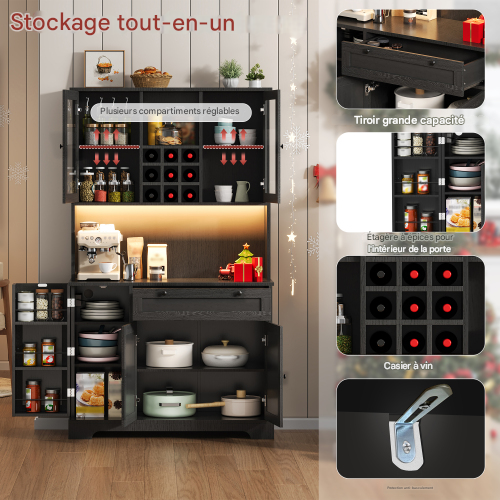 Buffet De Cuisine-armoire Haute-vitrine Avec Étagères Réglables-led Et Prise Électrique-noir