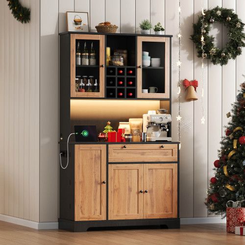 Buffet De Cuisine-armoire Haute-vitrine Avec Étagères Réglables-led Et Prise Électrique-naturel