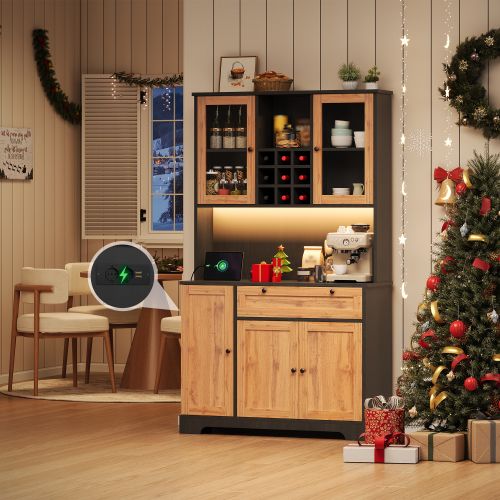 Buffet De Cuisine-armoire Haute-vitrine Avec Étagères Réglables-led Et Prise Électrique-naturel