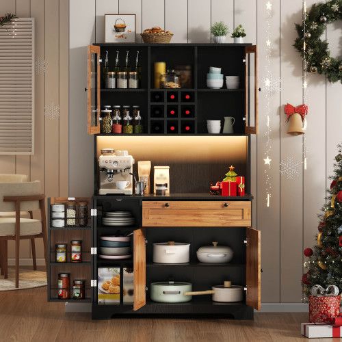 Buffet De Cuisine-armoire Haute-vitrine Avec Étagères Réglables-led Et Prise Électrique-naturel