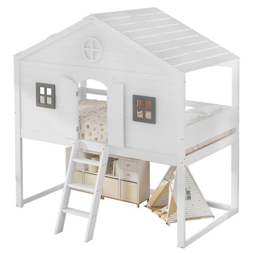 Lit Cabane 90 X 200 Cm-avec Escalier, Barrière Anti-chute Et Rambarde-lit Enfant-en Pin-blanc