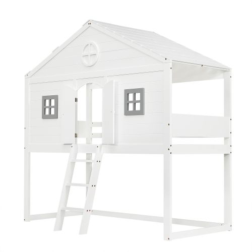 Lit Cabane 90 X 200 Cm-avec Escalier, Barrière Anti-chute Et Rambarde-lit Enfant-en Pin-blanc