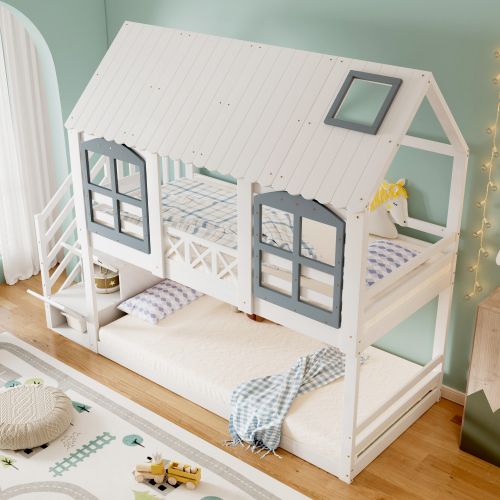 Lit Superposé 90 X 200cm-lit Enfant Avec Barrière De Sécurité-grand Espace De Rangement-en Pin-blanc