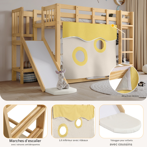 Lit Superposé 90x200 Cm-avec Barrière De Sécurité-lit Enfant Avec Rideaux D'intimité-en Pin-Naturel