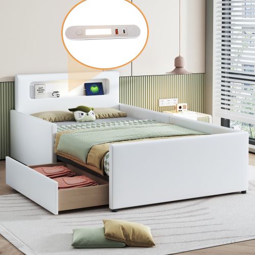 Lit Enfant 90 X 200 Cm-avec USB/veilleuse-rebords Latéraux Pour Plus De Sécurité-lit Simple-blanc