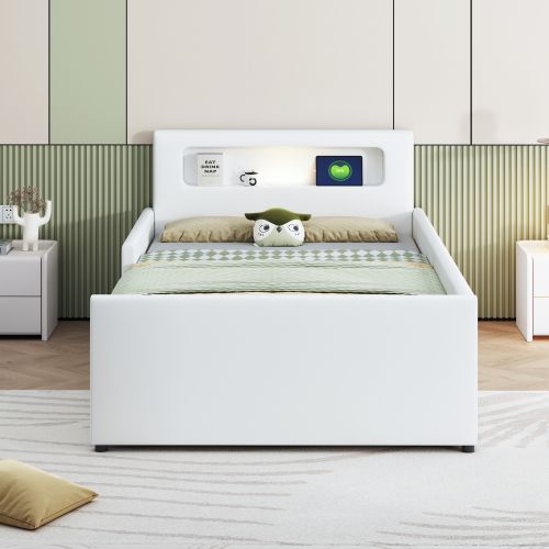 Lit Enfant 90 X 200 Cm-avec USB/veilleuse-rebords Latéraux Pour Plus De Sécurité-lit Simple-blanc