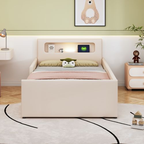 Lit Enfant 90 X 200 Cm-avec USB/veilleuse-rebords Latéraux Pour Plus De Sécurité-lit Simple-beige