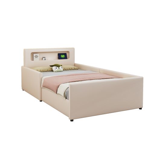 Lit Enfant 90 X 200 Cm-avec USB/veilleuse-rebords Latéraux Pour Plus De Sécurité-lit Simple-beige