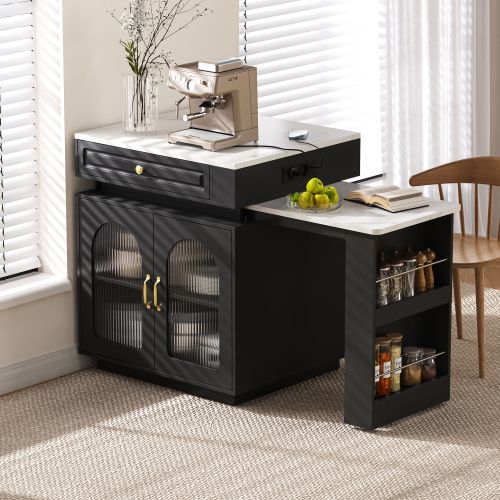 Îlot De Cuisine Sur Roulettes-table à Manger Extensible-led-table De Bar-pour La Cuisine-noir