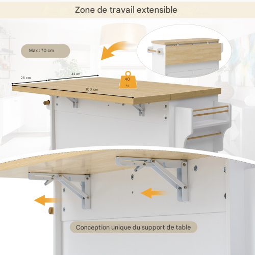Îlot De Cuisine Mobile-table à Manger Extensible-desserte De Cuisine Avec Porte-verres à Vin-blanc
