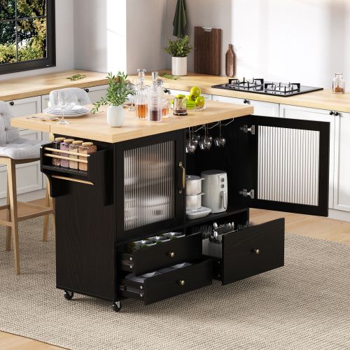 Îlot De Cuisine Mobile-table à Manger Extensible-desserte De Cuisine Avec Porte-verres à Vin-noir