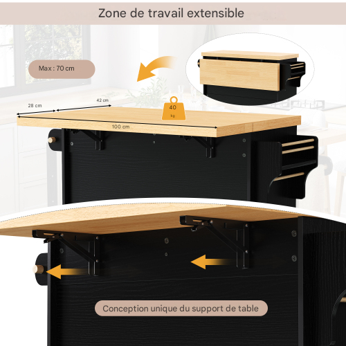Îlot De Cuisine Mobile-table à Manger Extensible-desserte De Cuisine Avec Porte-verres à Vin-noir