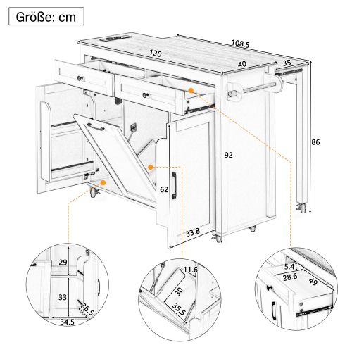 Îlot De Cuisine-table Extensible Avec Plan De Travail-idéal Pour La Salle à Manger-blanc
