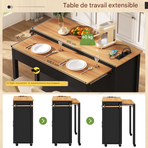 Îlot De Cuisine-table Extensible Avec Plan De Travail-idéal Pour La Salle à Manger-noir