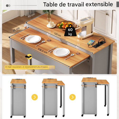 Îlot De Cuisine-table Extensible Avec Plan De Travail-idéal Pour La Salle à Manger-gris