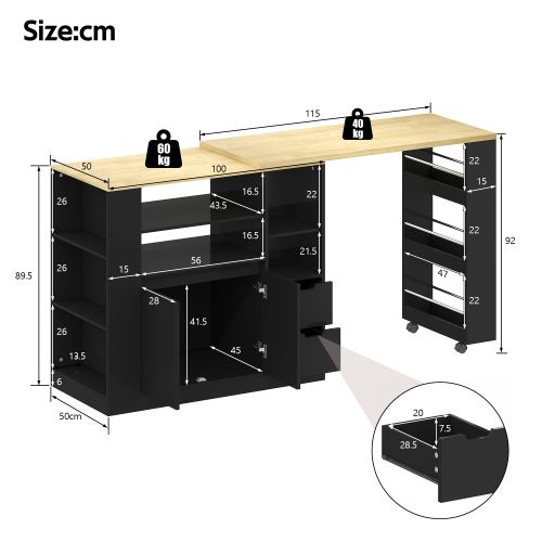 Îlot De Cuisine-avec Plan De Travail Extensible-coin Café-table à Manger Extensible-noir